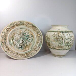 Rare Berger Vase And Plate Set Made In Italy With Excellent Patina Vintage VTG